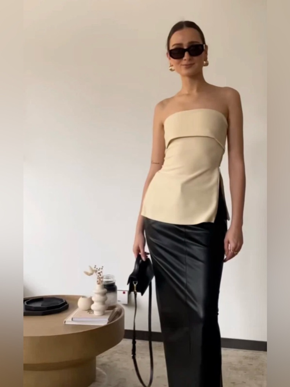 Cream Strapless Tube Shirt with Side Zip on both sides